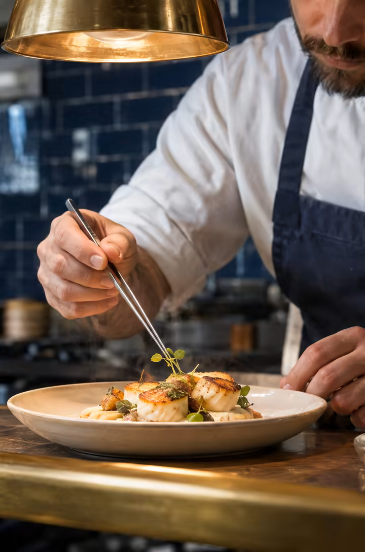 A chef's hands plating seared scallops at the pass under the heat lamps.