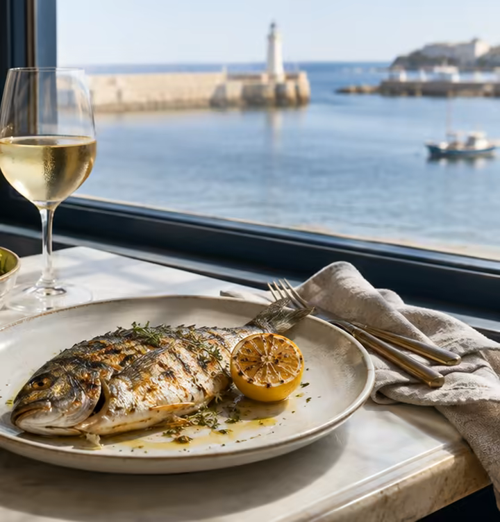 A lunch table by the window: grilled bream, salad, bread and a glass of white wine.