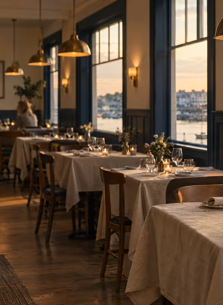 The dining room at golden hour, sand linen tables and brass lamps.