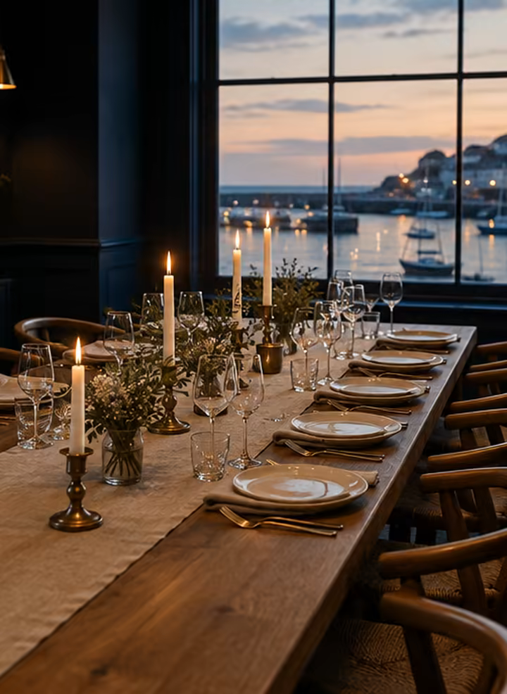 The harbour room set for twelve, candles lit, the harbour at dusk through the window.