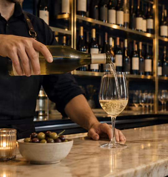 A glass of white wine being poured at the bar, brass shelves of bottles behind.