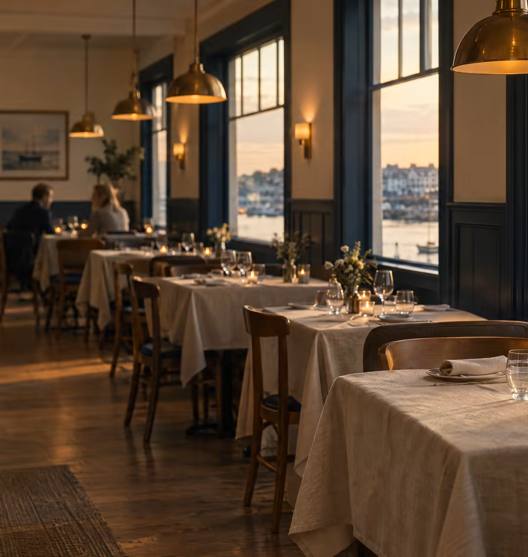 The Harbourline dining room at golden hour with the harbour through the windows.