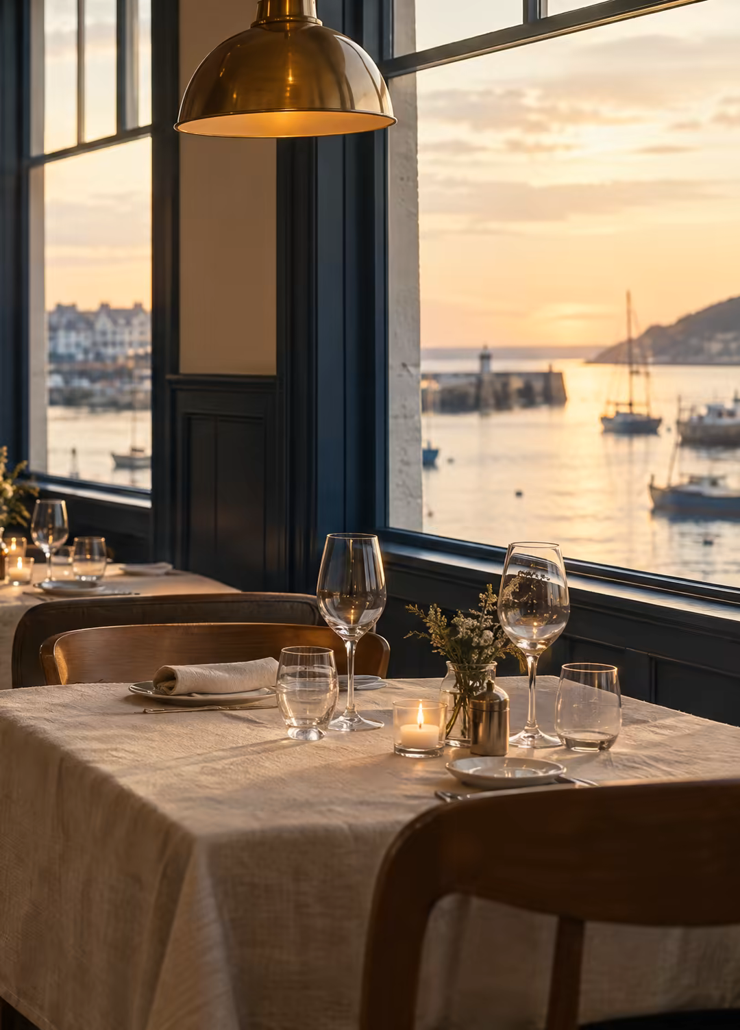 The Harbourline dining room at golden hour, sand linen tables and brass lamps with the harbour through the windows.
